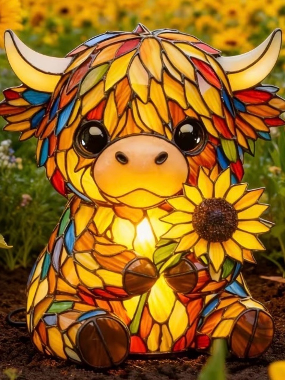 Highland Cow Lamp with Sunflower - Yellow Multi